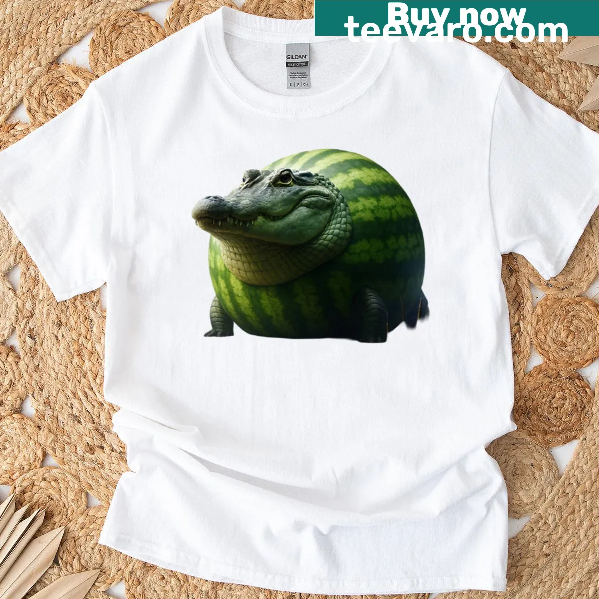 Playful cartoon crocodile with watermelon on a t-shirt — on a men's t-shirt