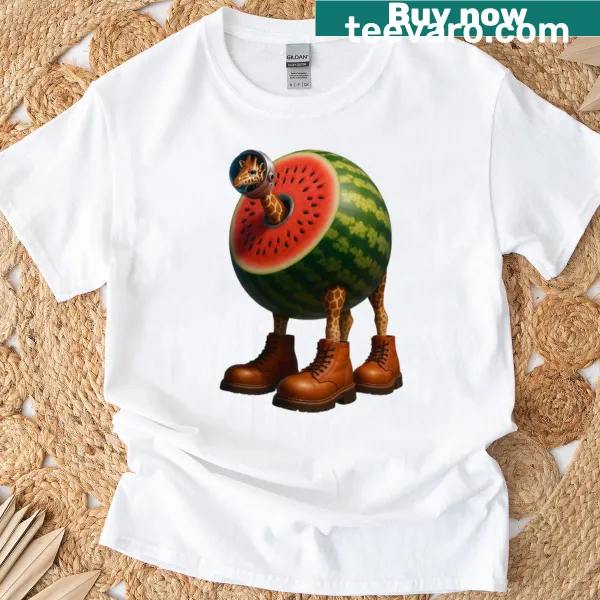 Illustration of a giraffe with a watermelon design on a T-shirt.
