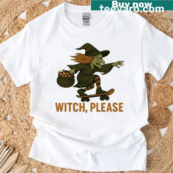 Funny Halloween skate witch design shirt with playful text.