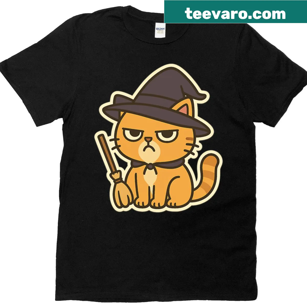 Cartoon grumpy cat in witch costume for Halloween T-shirt — on a men's t-shirt