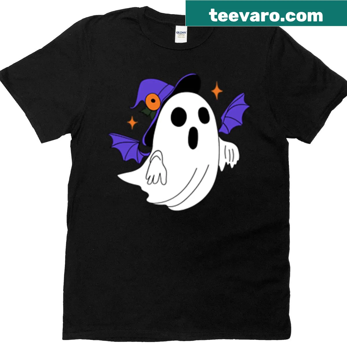 Cartoon ghost graphic with text 'Women Ghost Power' on t-shirt — on a men's t-shirt