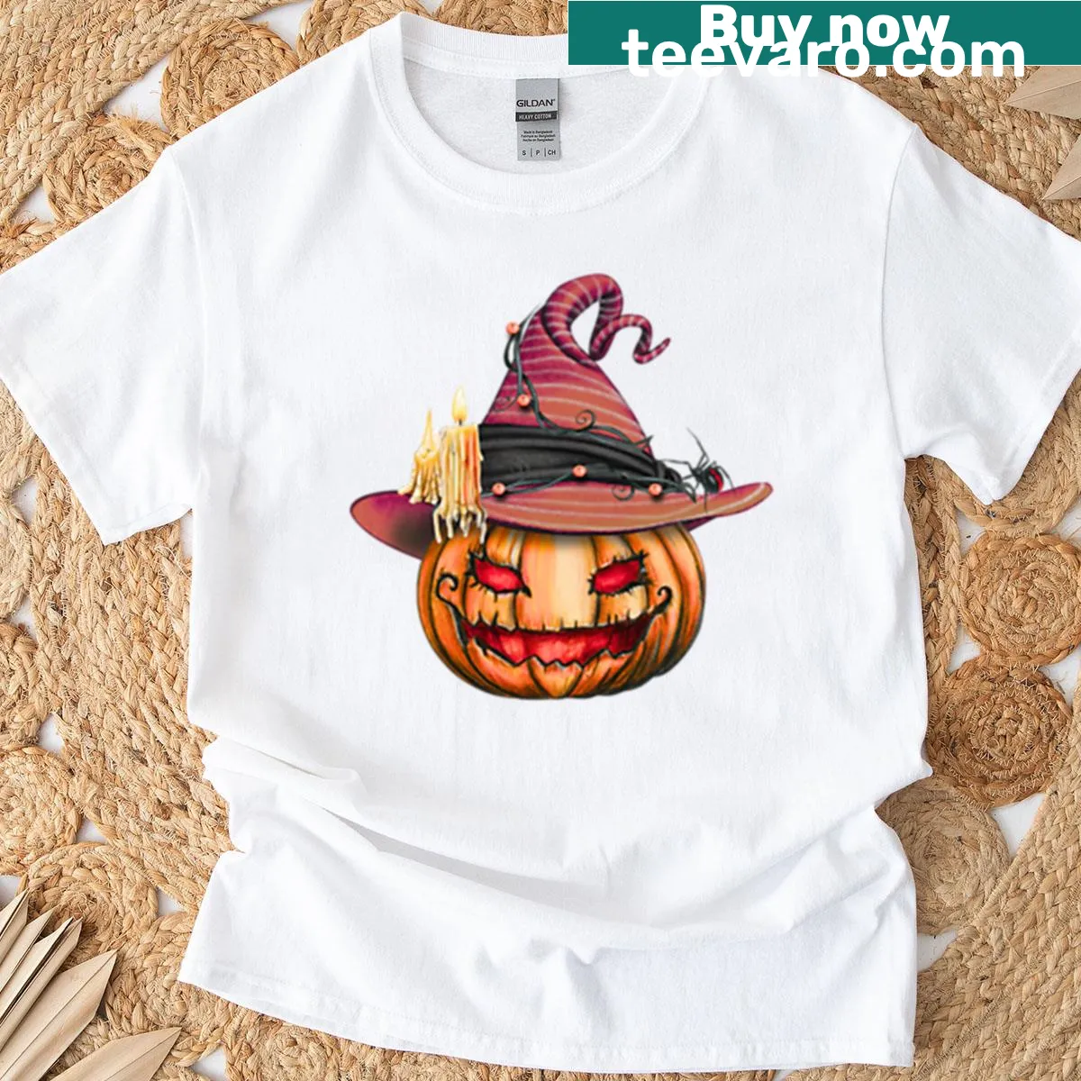 Ghost pumpkin graphic Halloween T-shirt for women — on a men's t-shirt