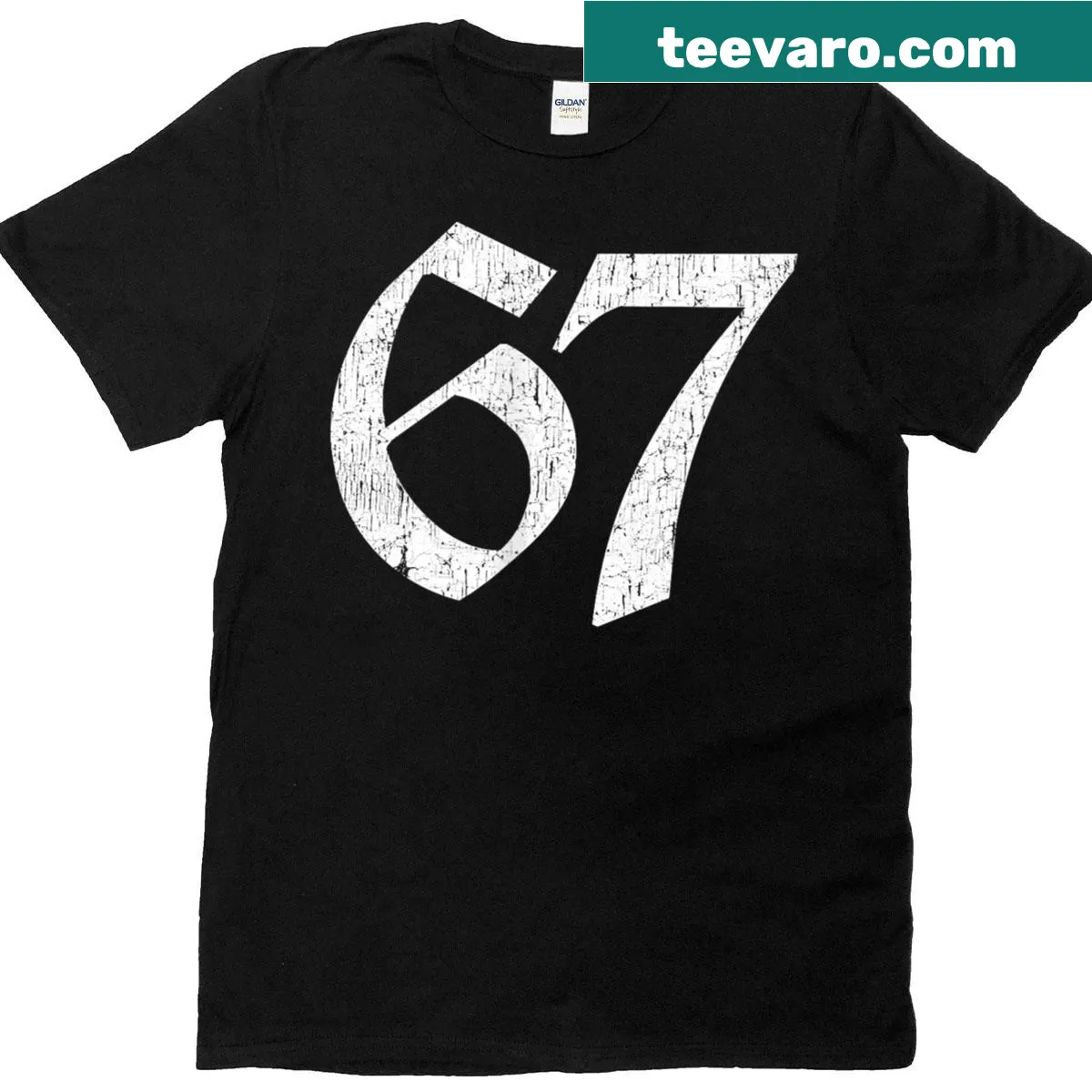 Womens jersey t-shirt with bold number 67 for 67th birthday — on a men's t-shirt