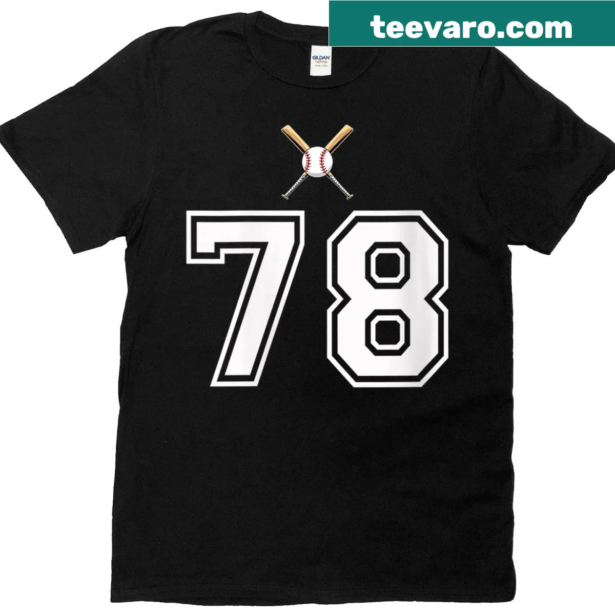 Vintage baseball style t-shirt with 78 number design — on a men's t-shirt