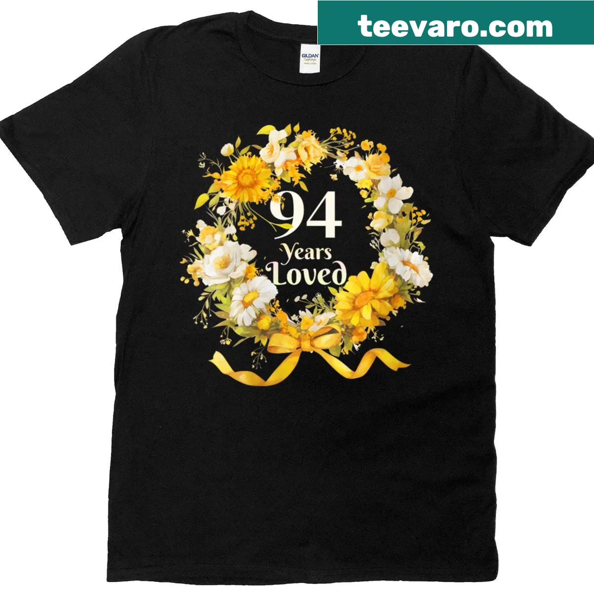 94th birthday t-shirt with sunflower and floral ribbon design — on a men's t-shirt