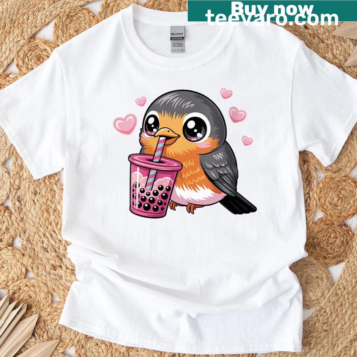 Cute kawaii American Robin bird with bubble tea graphic t-shirt — on a men's t-shirt