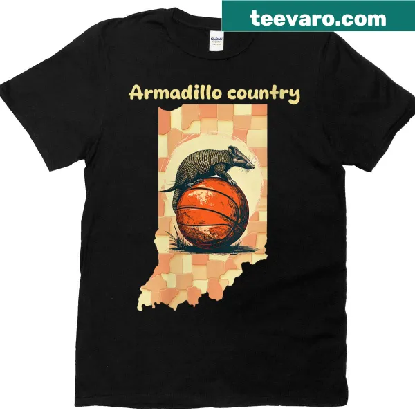 Humorous t-shirt featuring the playful invasion of armadillos in Indiana