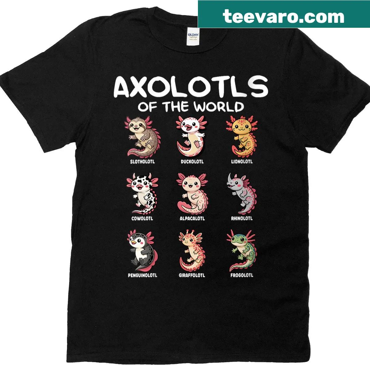 Cute animal-themed t-shirt featuring axolotls in a fun mashup design — on a men's t-shirt