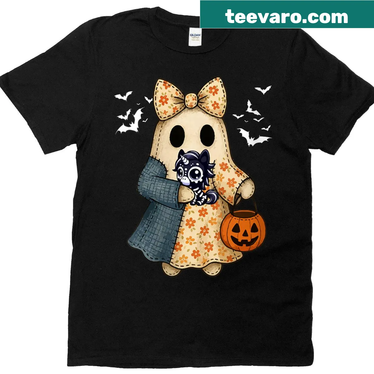 Cute T-shirt featuring a unicorn hugging a skeleton with a bow tie for Halloween. — on a men's t-shirt