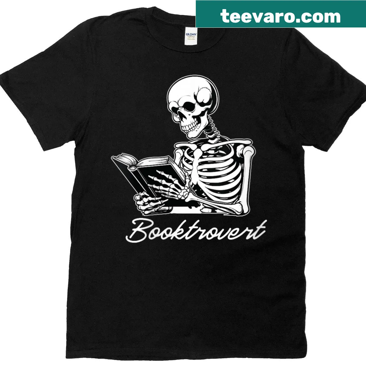 Funny Booktrovert t-shirt for introverted book lovers. — on a men's t-shirt
