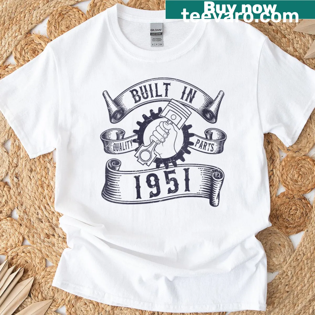 Piston graphic t-shirt celebrating those born in 1951 — on a men's t-shirt