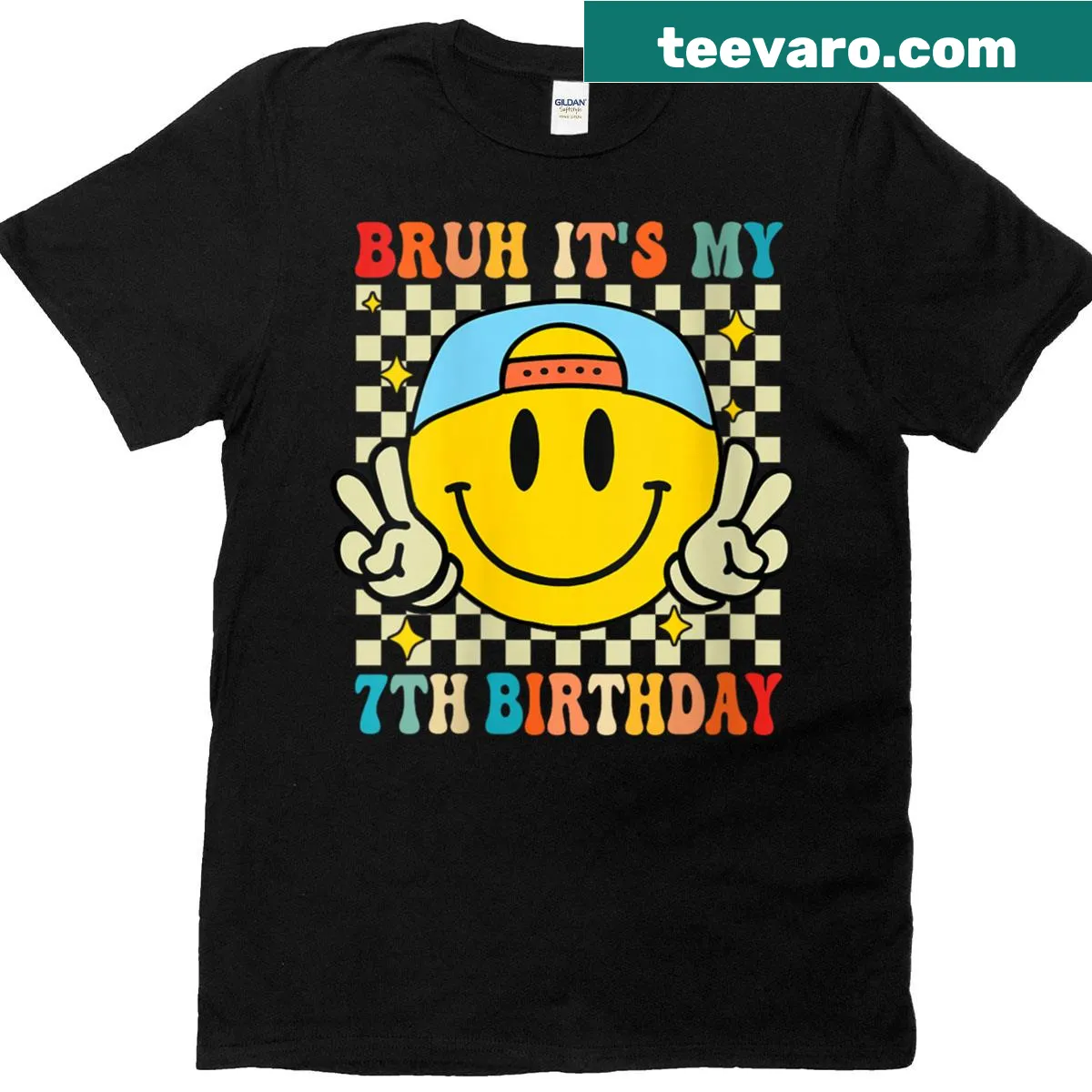 Humorous T-shirt celebrating a 7th birthday with funny text design. — on a men's t-shirt