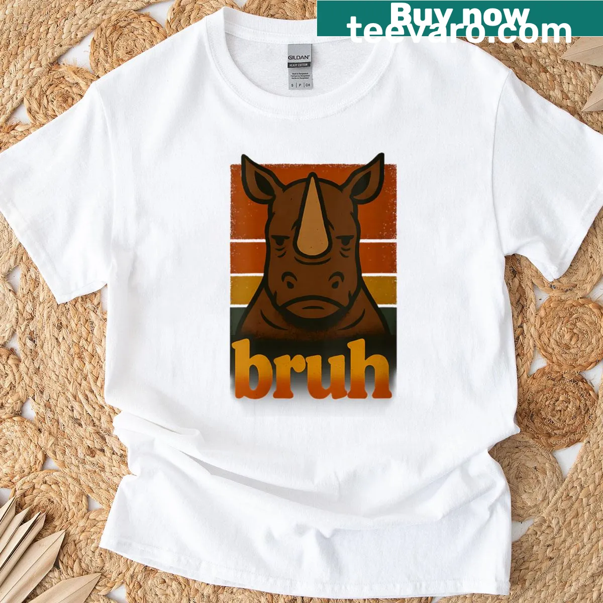 Funny rhino graphic tee with 'Bruh' meme text. — on a men's t-shirt