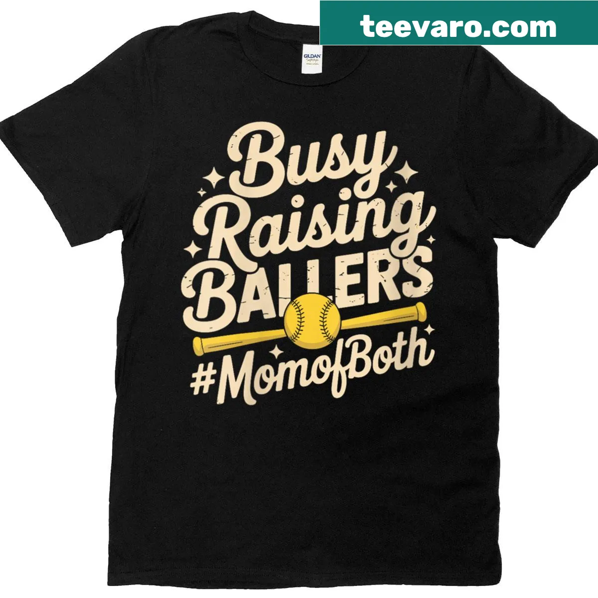 Mom of softball players t-shirt with the phrase 'Busy Raising Ballers' — on a men's t-shirt