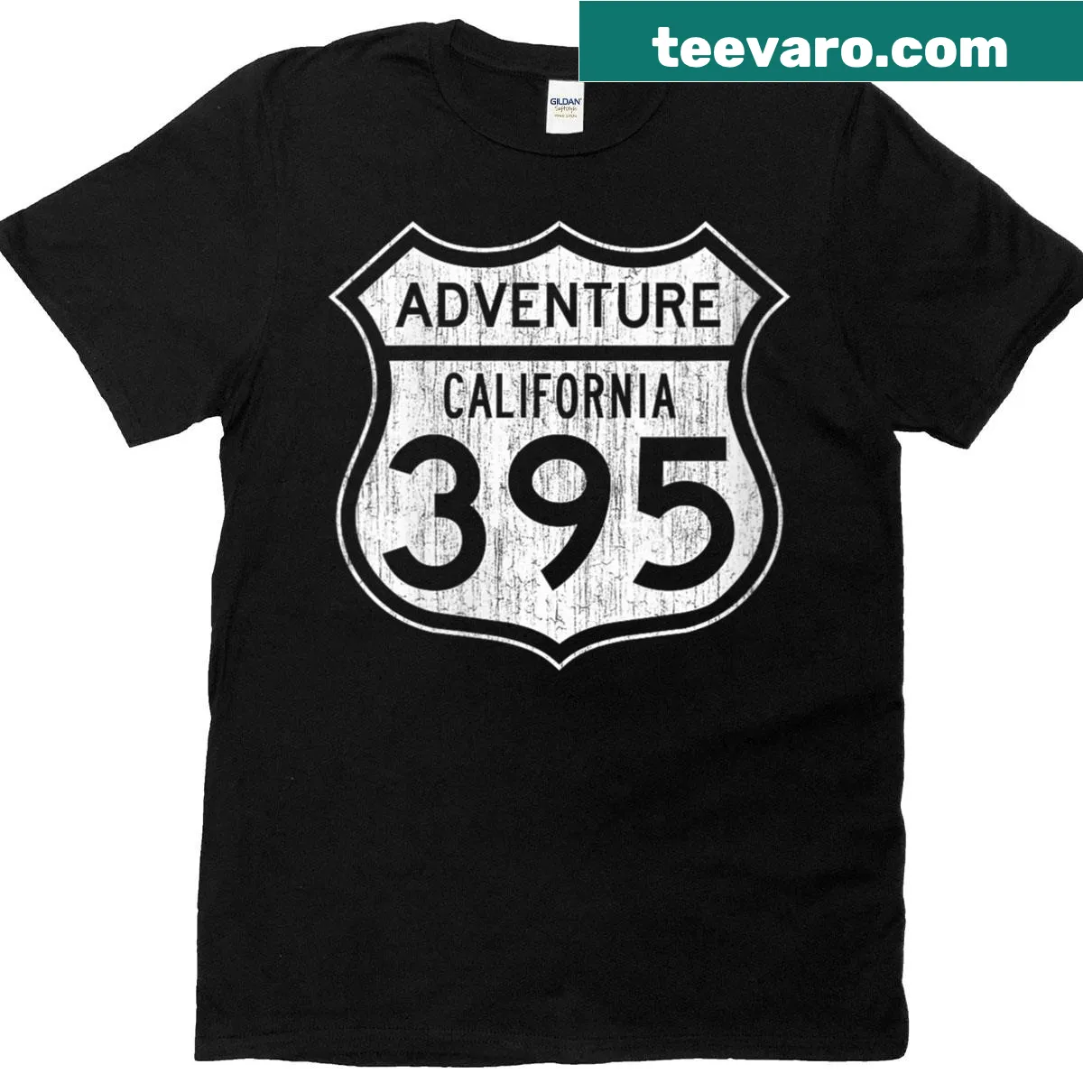Outdoor adventure-themed t-shirt featuring California Highway 395 — on a men's t-shirt