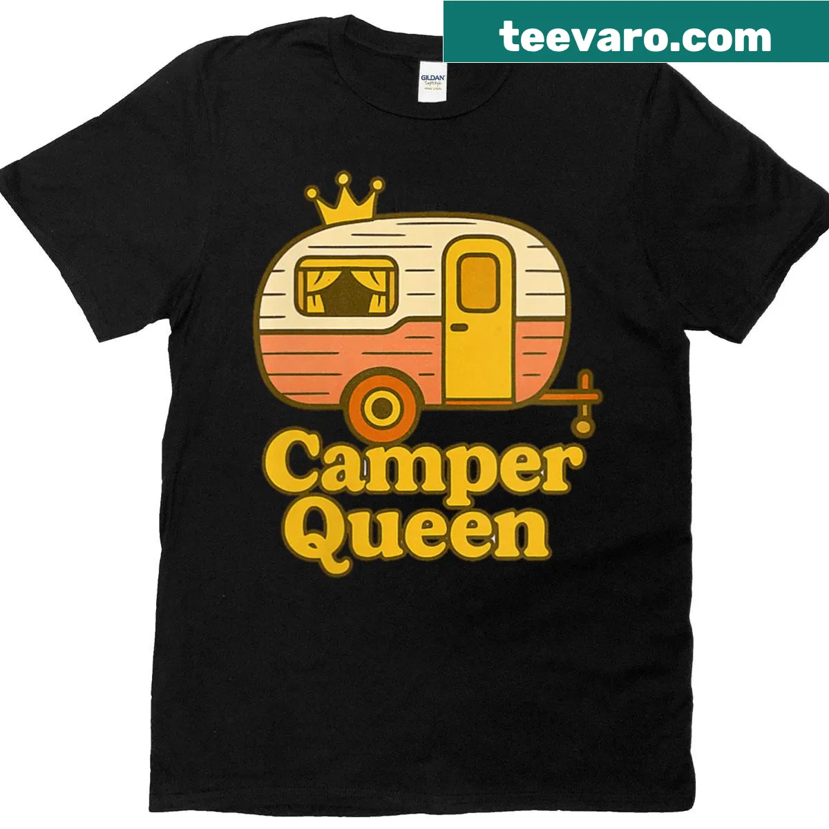 Retro 'Camper Queen' T-shirt with camping design — on a men's t-shirt