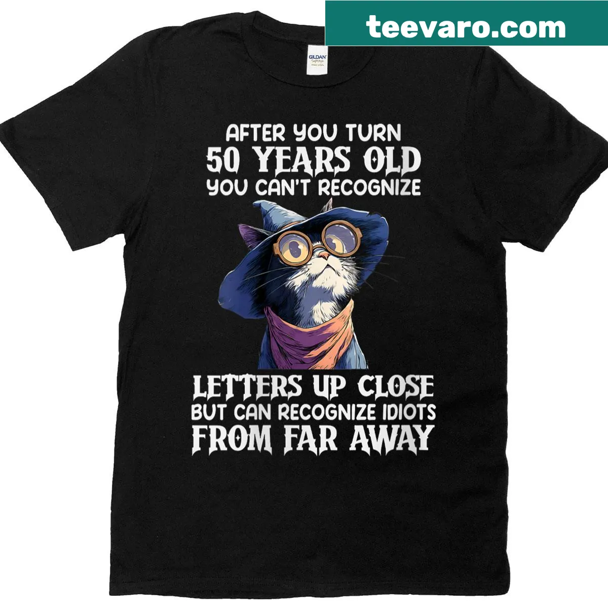 Funny vintage-style t-shirt for cat lovers over 50 with humorous text — on a men's t-shirt