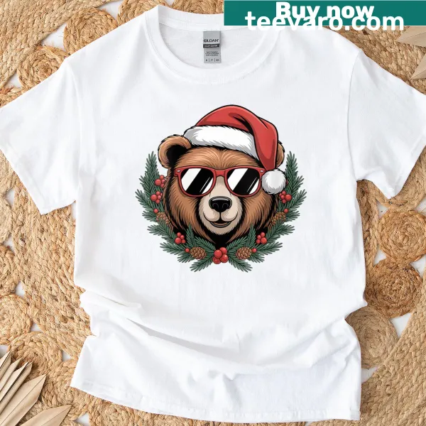 Christmas T-shirt featuring a bear in a Santa hat and sunglasses