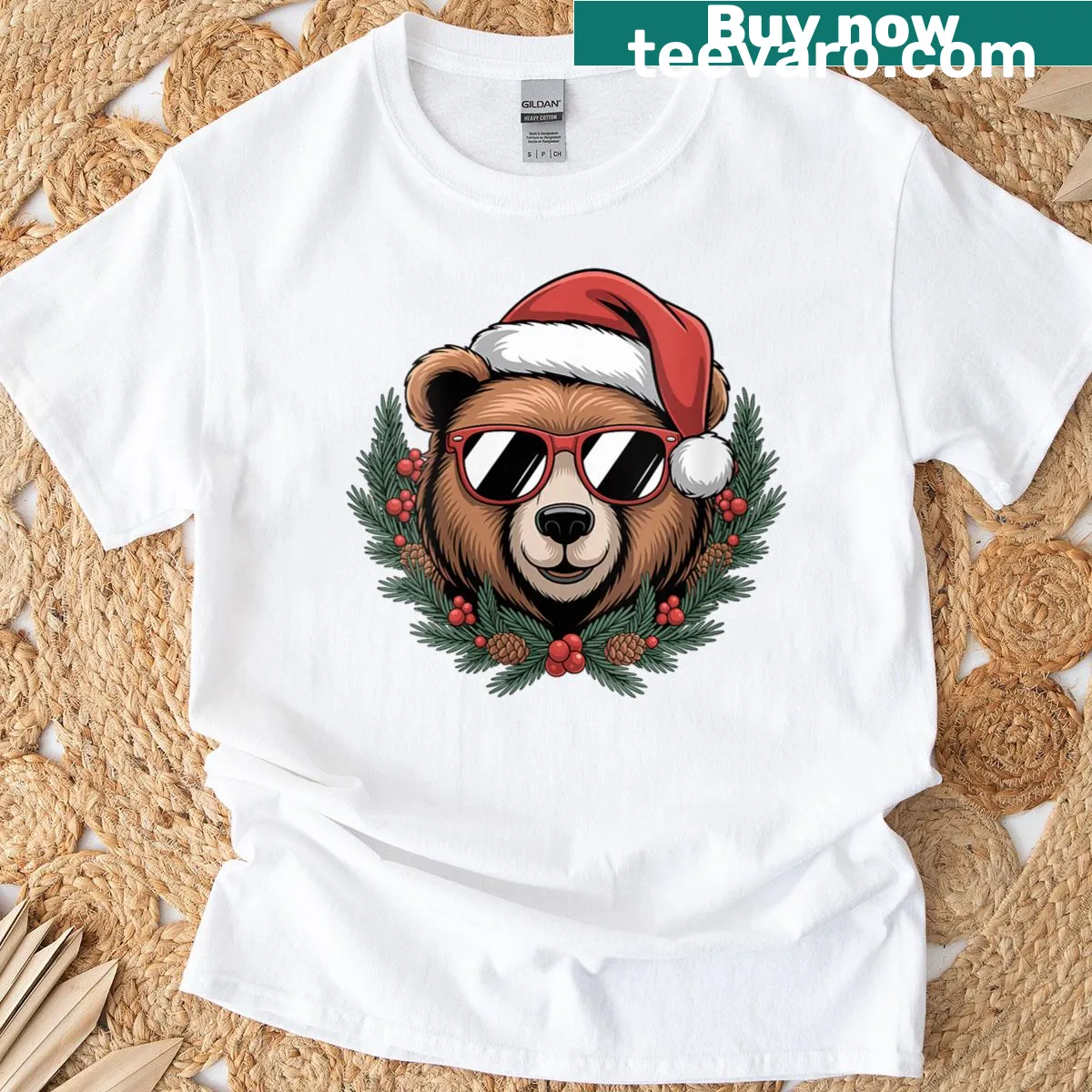 Christmas T-shirt featuring a bear in a Santa hat and sunglasses — on a men's t-shirt