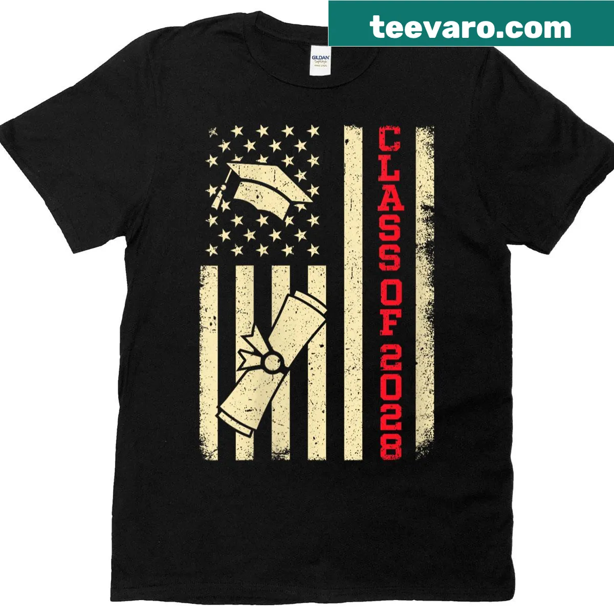 T-shirt featuring American flag and Class of 2028 text — on a men's t-shirt