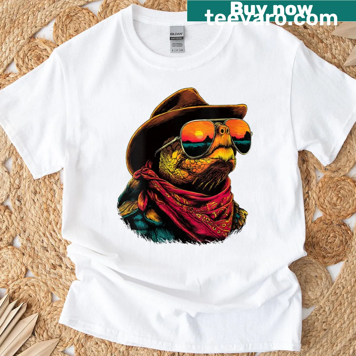 T-shirt with a colorful turtle wearing sunglasses in a cartoon design — on a men's t-shirt