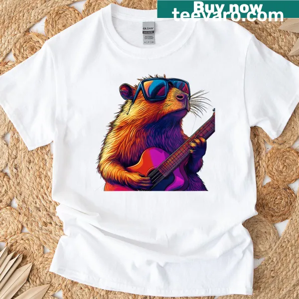 Capybara playing guitar and wearing sunglasses illustration on T-shirt