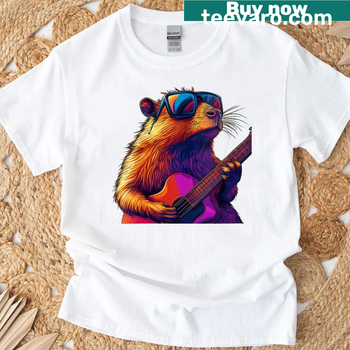 Capybara playing guitar and wearing sunglasses illustration on T-shirt — on a men's t-shirt