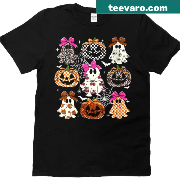 A humorous Halloween shirt featuring a leopard pumpkin and a ghost.