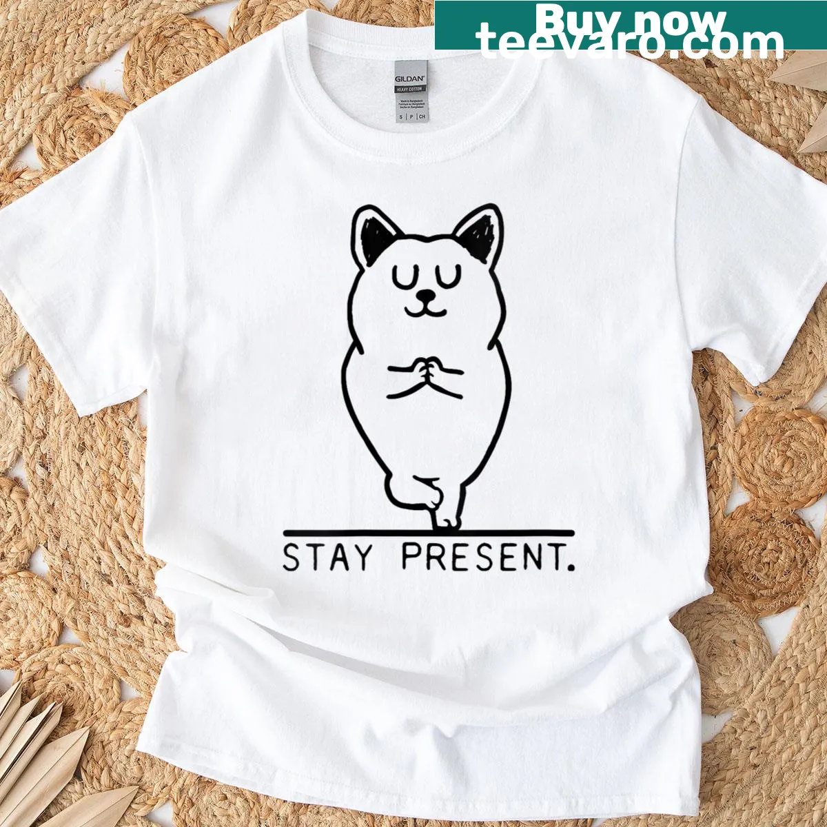 T-shirt featuring a corgi with the message 'Stay Present' — on a men's t-shirt