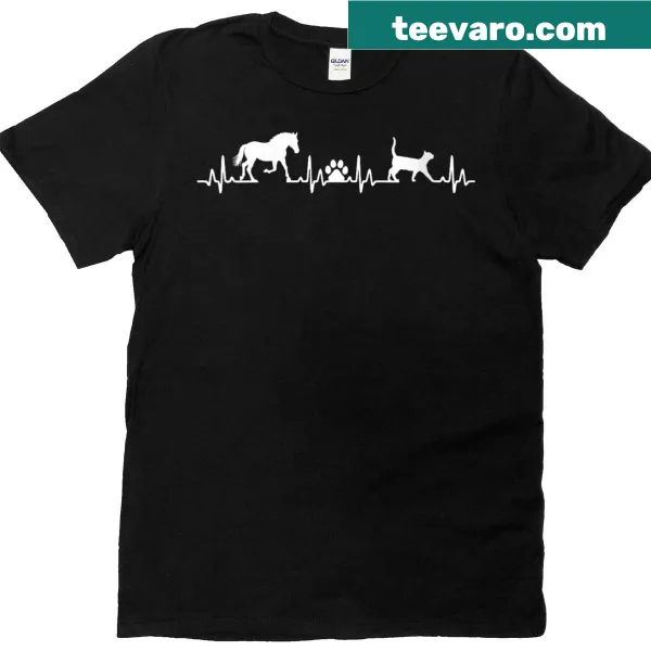 Cute animal lover heartbeat t-shirt featuring horses, dogs, and cats