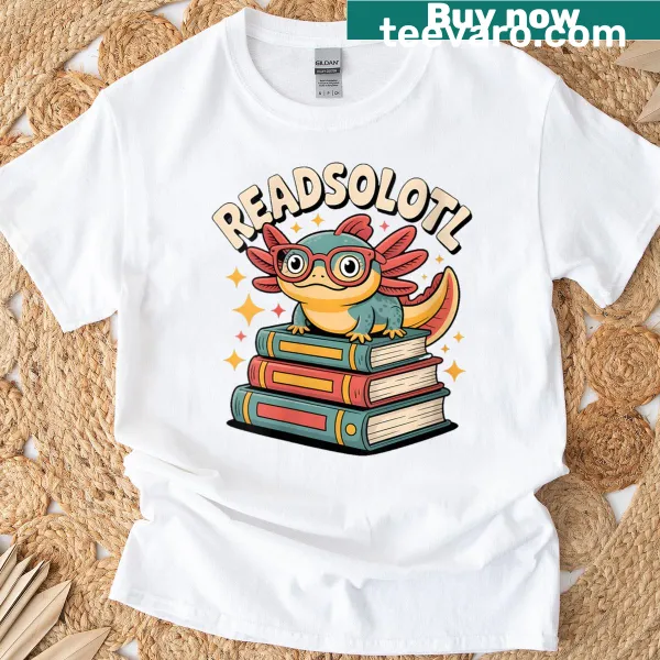 Cute axolotl bookworm t-shirt for book lovers.