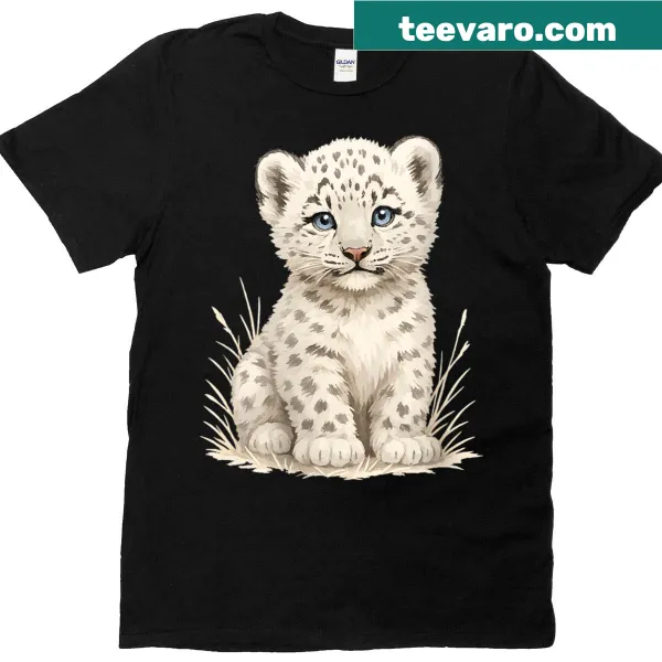 Cute cartoon t-shirt featuring a baby snow leopard cub with blue eyes