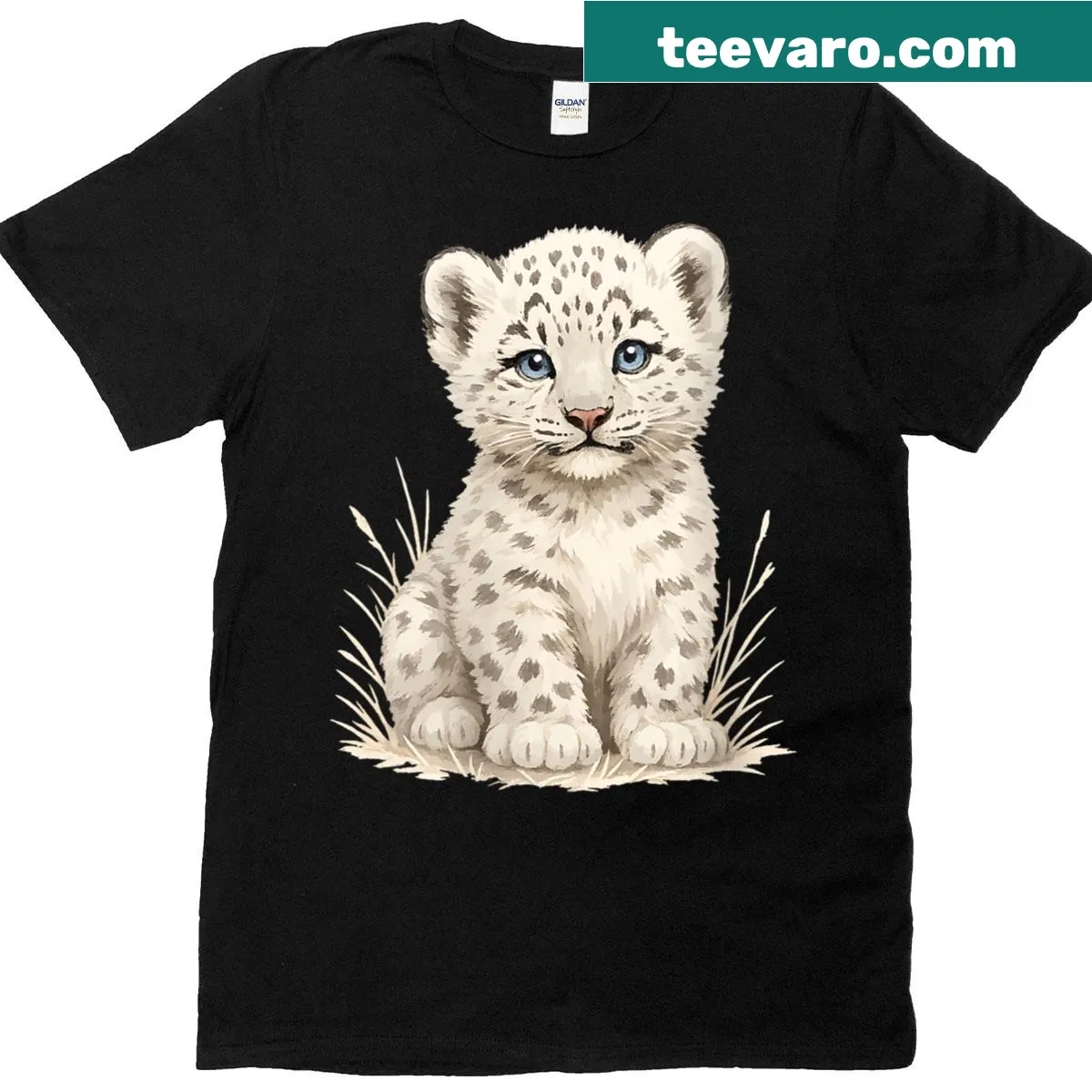 Cute cartoon t-shirt featuring a baby snow leopard cub with blue eyes — on a men's t-shirt
