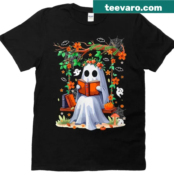 Cute Halloween t-shirt with Boo ghost reading on a swing