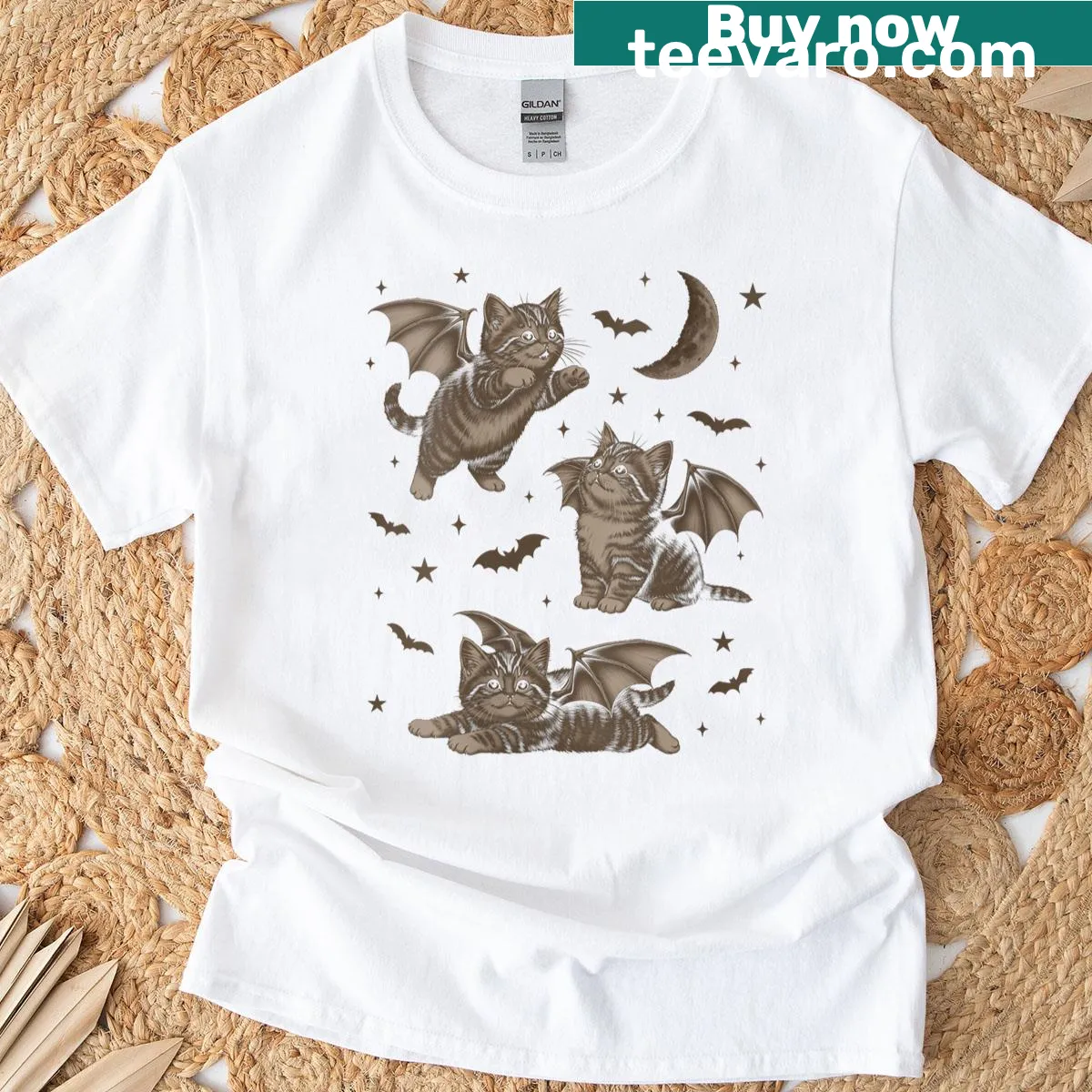 Vintage graphic T-shirt with a cute cat and bat wings — on a men's t-shirt