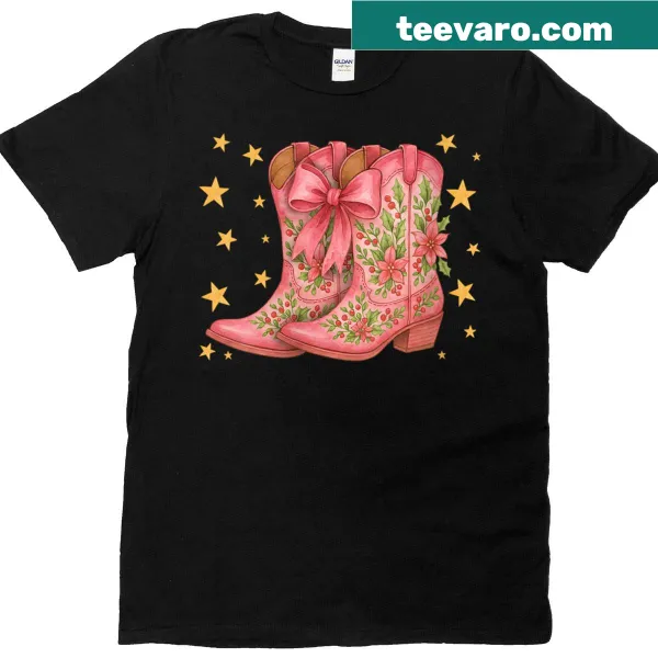 Festive Christmas shirt featuring pink cowboy boots with holly bow
