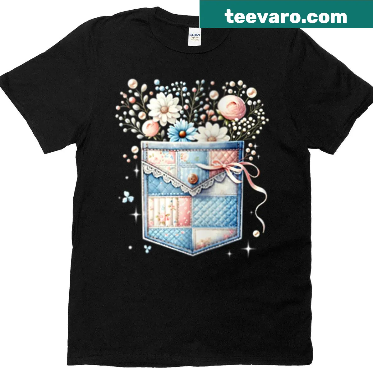 Cute denim patchwork flower art graphic t-shirt — on a men's t-shirt