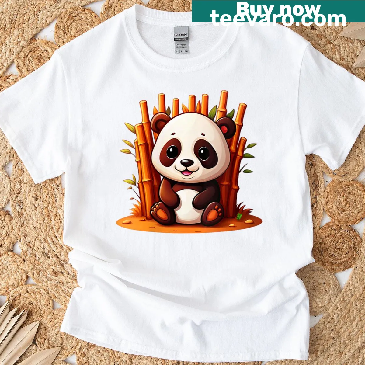Cute panda bear sitting in a bamboo forest graphic — on a men's t-shirt