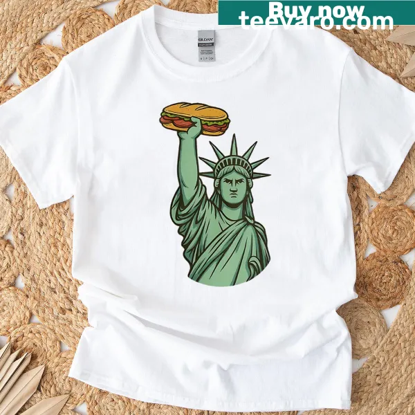 Sarcastic typography design featuring a sandwich thrower and Liberty Statue.