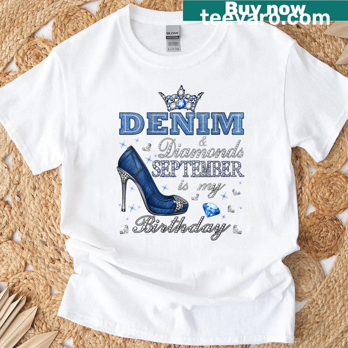 Birthday-themed shirt with high heels and diamond motifs — on a men's t-shirt
