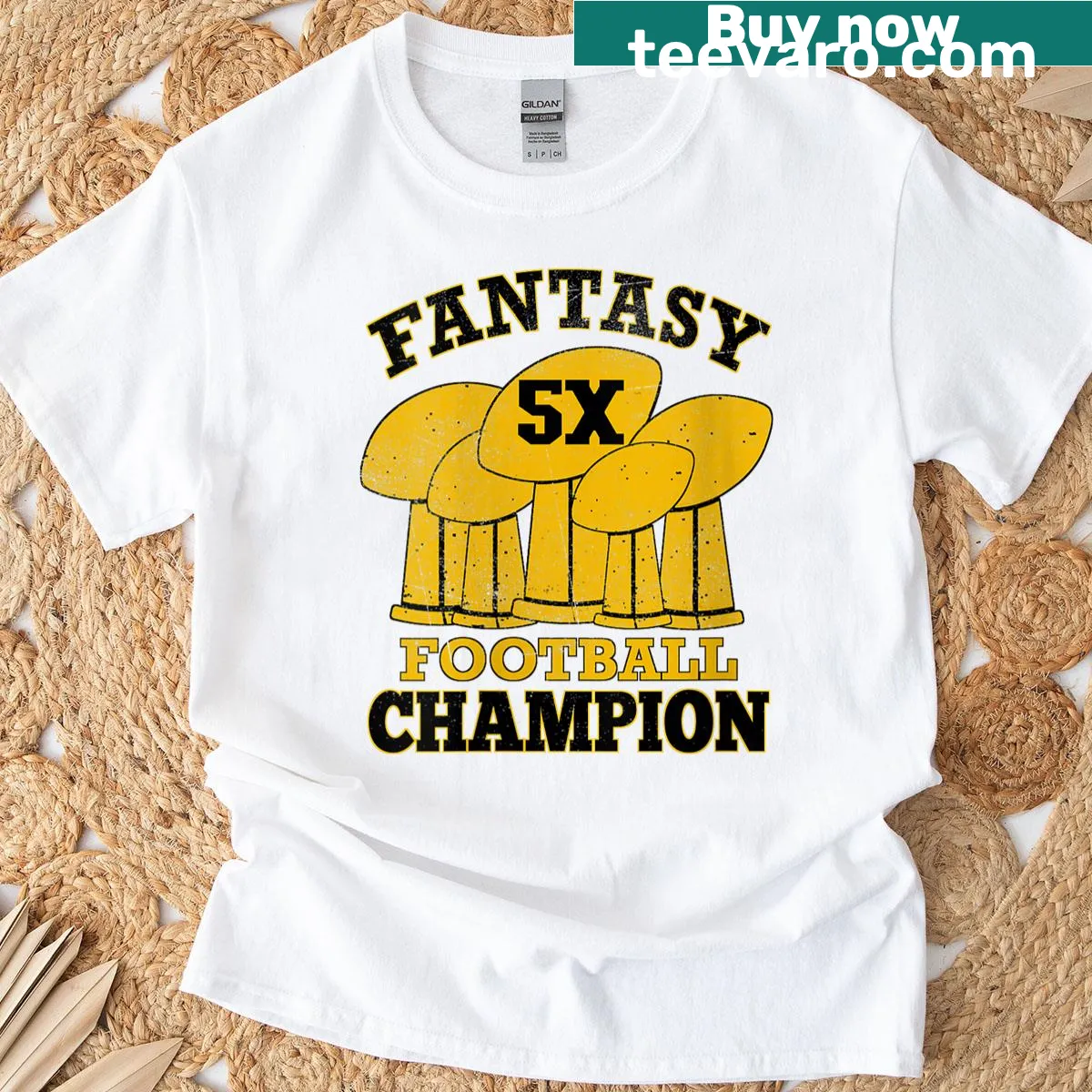 Graphic t-shirt celebrating five-time fantasy football champion — on a men's t-shirt