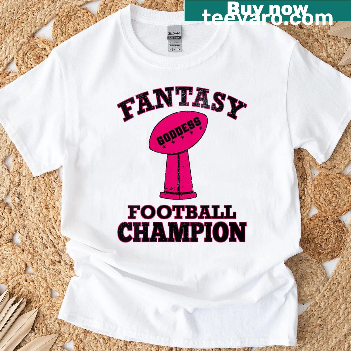 Fantasy Football Champion Goddess trophy design T-shirt — on a men's t-shirt