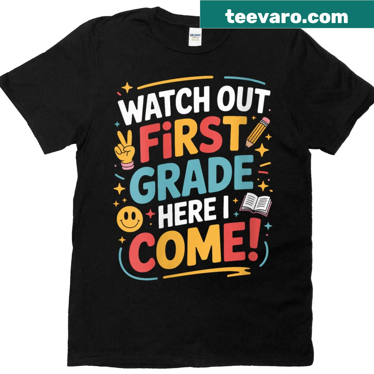 First Grade T-shirt with playful learning-themed design — on a men's t-shirt