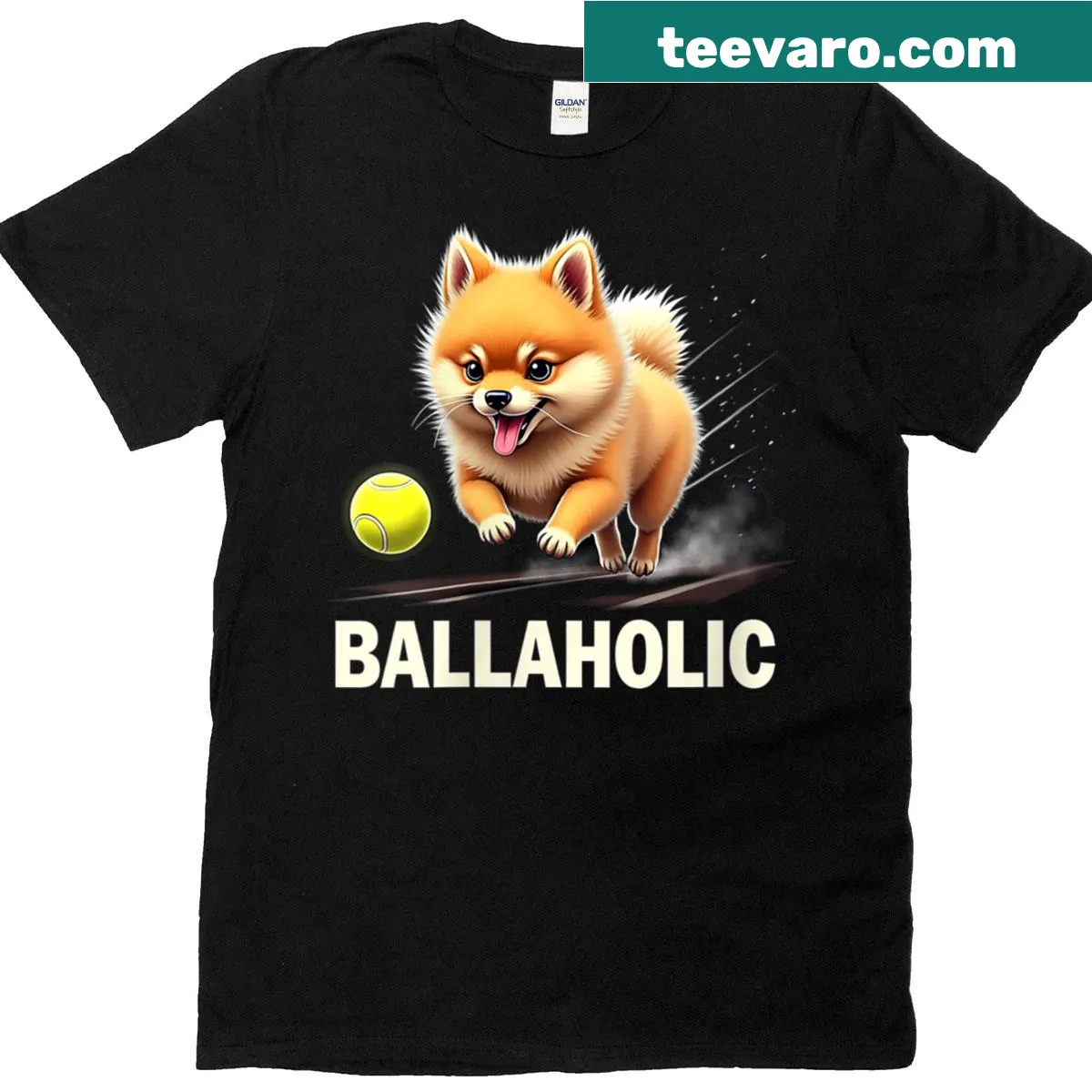 Funny Pomeranian T-shirt with cartoon dog chasing a ball — on a men's t-shirt