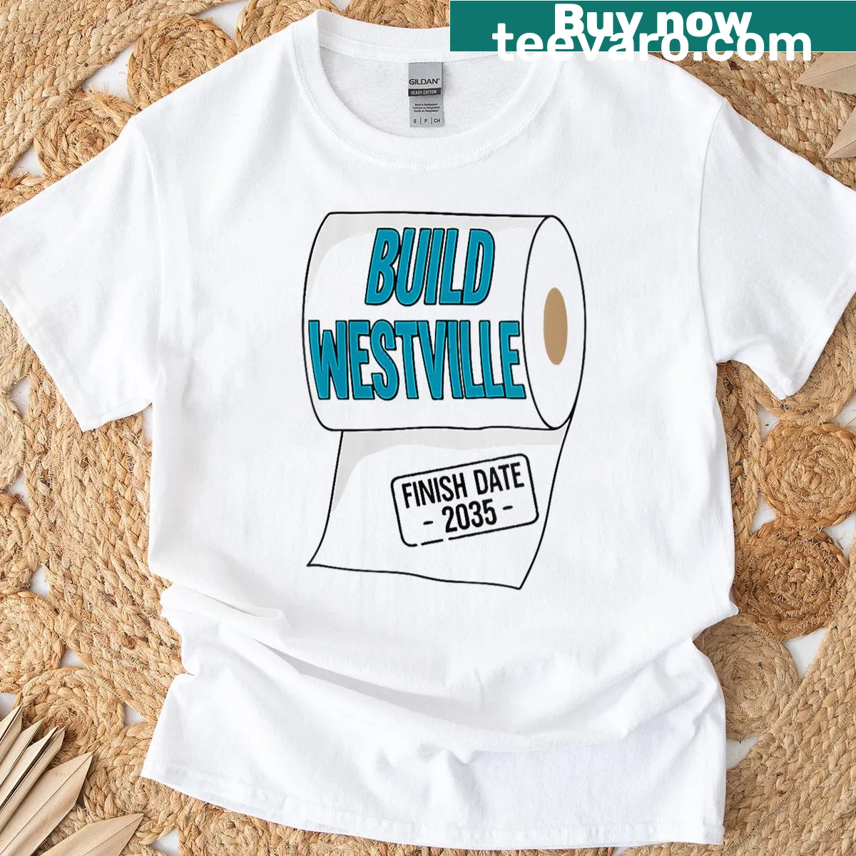 Funny Indiana t-shirt with a humorous graphic about Westville's completion date. — on a men's t-shirt