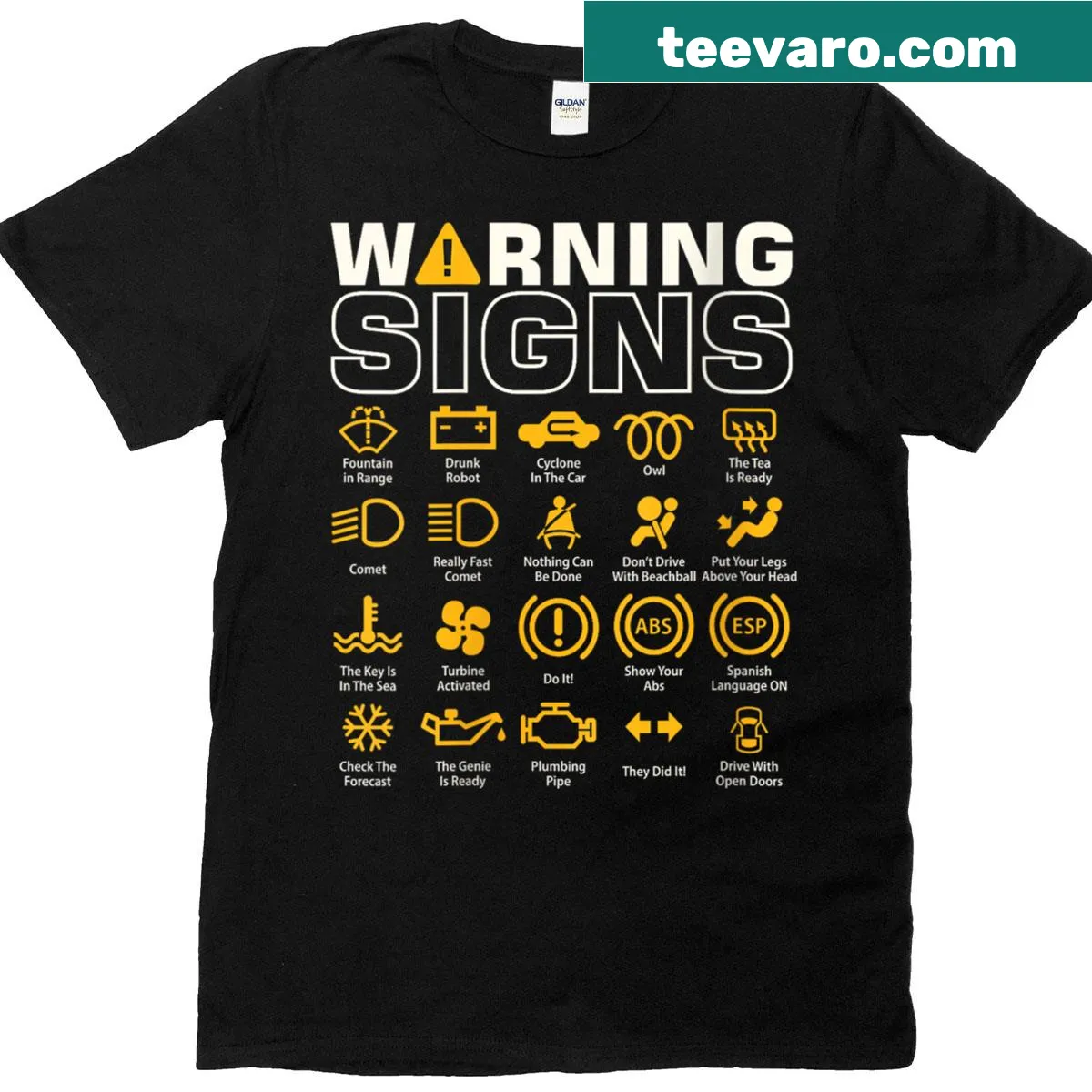 Witty driving warning signs t-shirt for auto enthusiasts — on a men's t-shirt