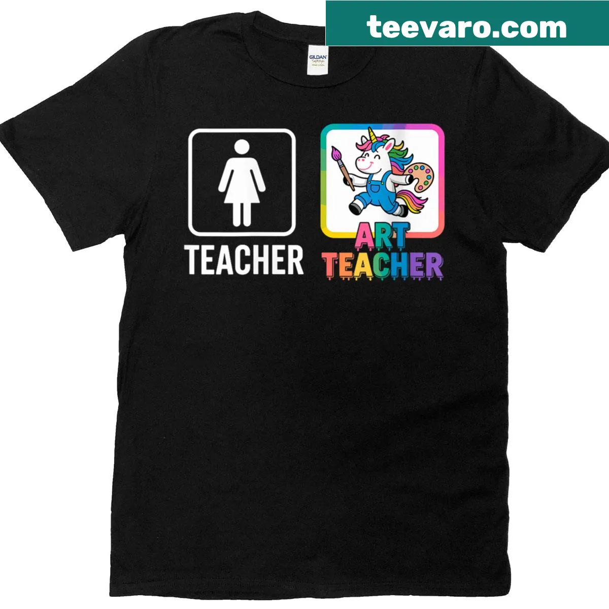T-shirt featuring a funny teacher symbol and colorful art teacher unicorn graphic — on a men's t-shirt