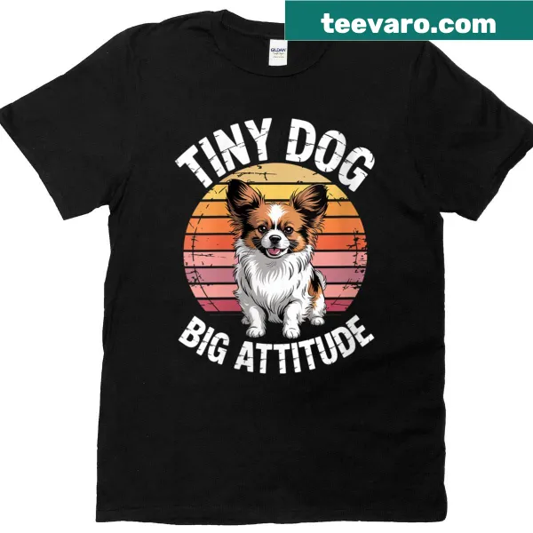 Vintage-style shirt with Papillon dog graphic and sunset