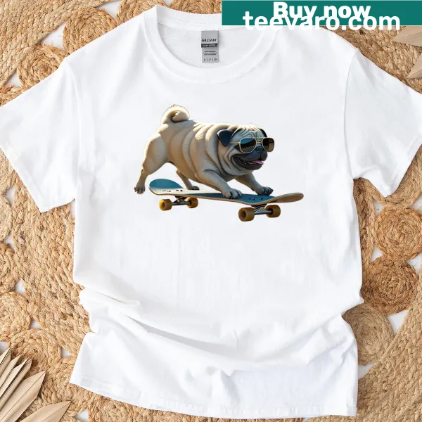 Funny pug skateboarder graphic t-shirt for women