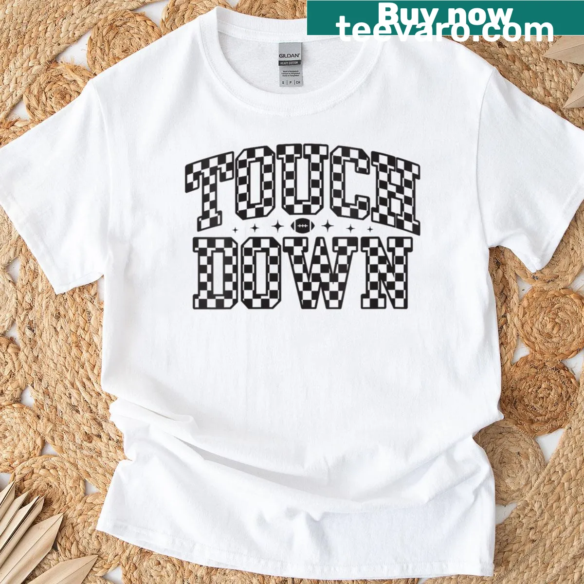 Checkered game day American football graphic t-shirt for women — on a men's t-shirt